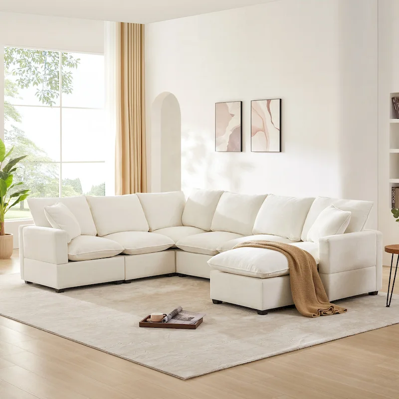 U Shape Modular Sofa, 7 Seat Chenille Sectional Upholstered Couch Set