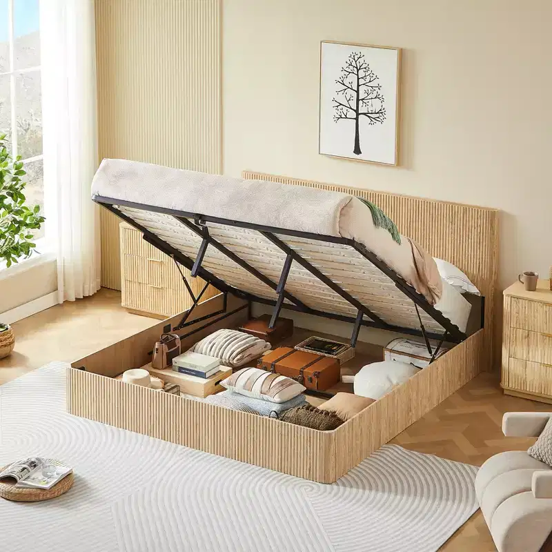 Queen/King Size Lift Up Storage Bed Frame Wood Platform Bed Frame with Corrugated Accents - ModernLuxe