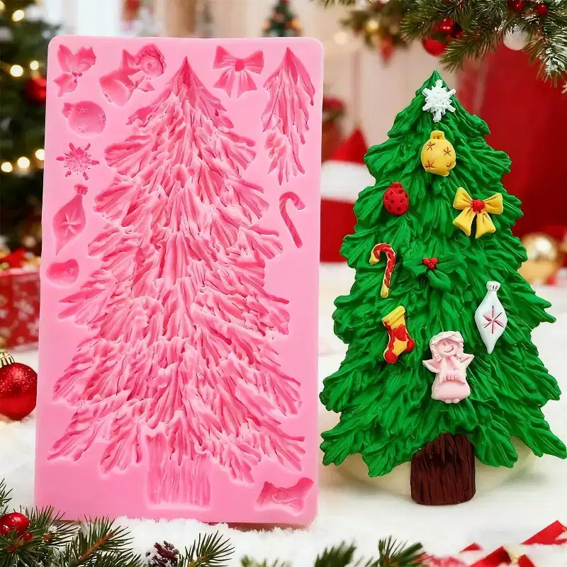 JDICTION 3D Christmas Silicone Molds, Large Xmas Tree Crystal Ball Snowflake Fondant Cake Decorating Molds for Holiday Candy Cookie Cupcake