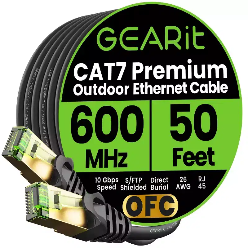 GEARit Cat7 Outdoor Ethernet Patch Cable - SFTP Shielded Foil Twisted Pair - Waterproof, Black