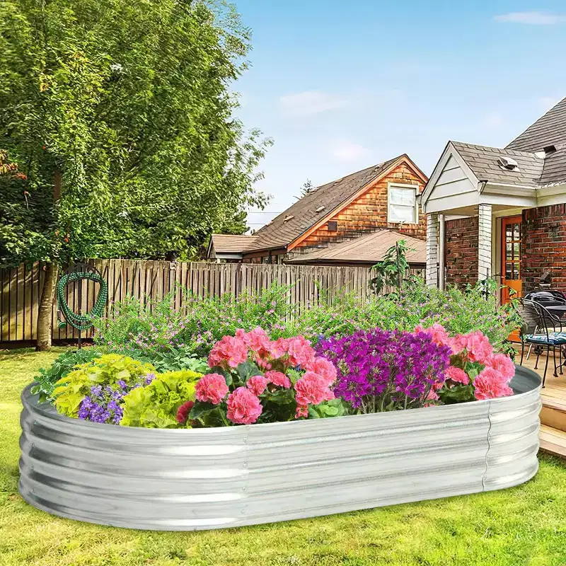 FDW Galvanized Garden Bed, Outdoor Elevated Raised Garden Bed Vegetables Flowers Garden Bed Garden Planter Box, Oval Raised Bed Kit, Silver