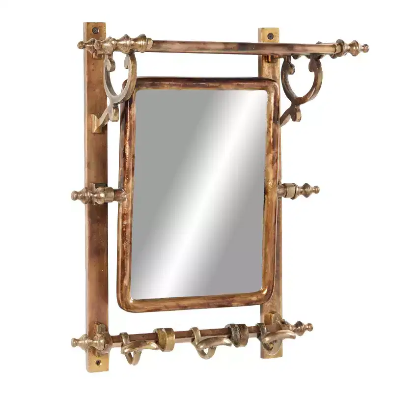 Burnished Aluminum Bathroom Wall Rack with Rectangular Mirror, Single Shelf