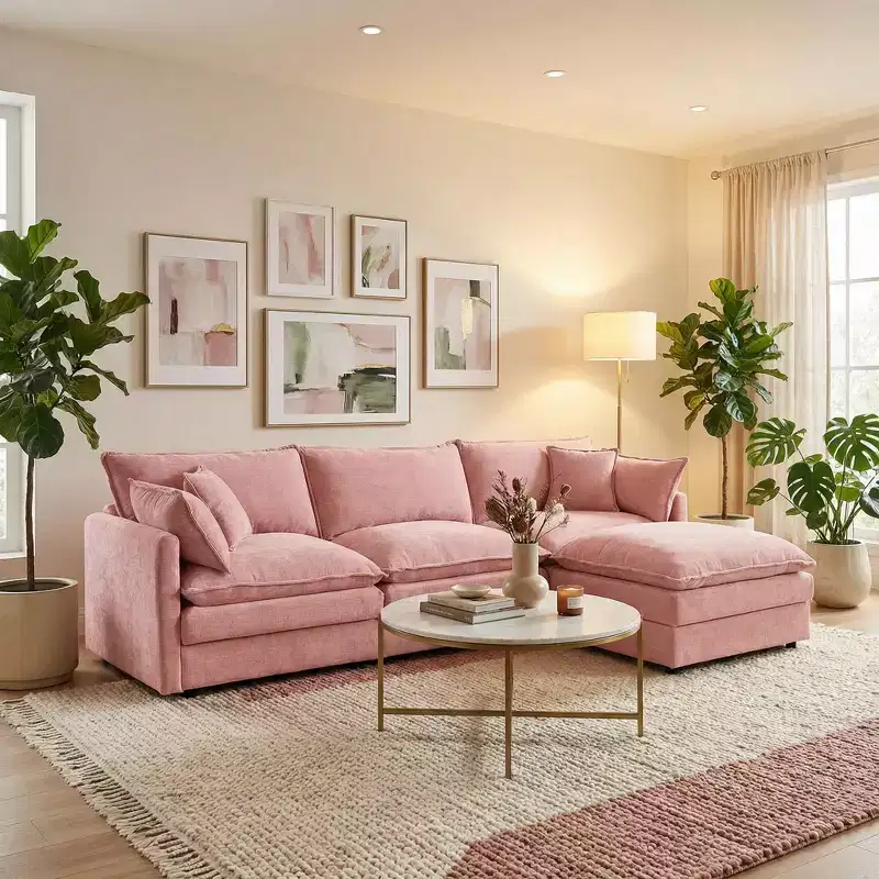 FurnitureR 102 Upholstered Modular Sectional Sofa with Reversible Ottoman, Deep Seat L-Shaped Couch with Throw Pillows for Living Room