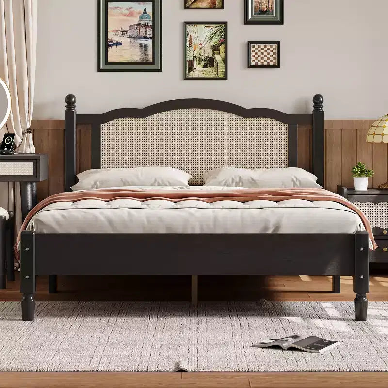 Queen Wooden Platform Bed with Natural Rattan Headboard, Vintage Bed Frame with Slat Support, Black