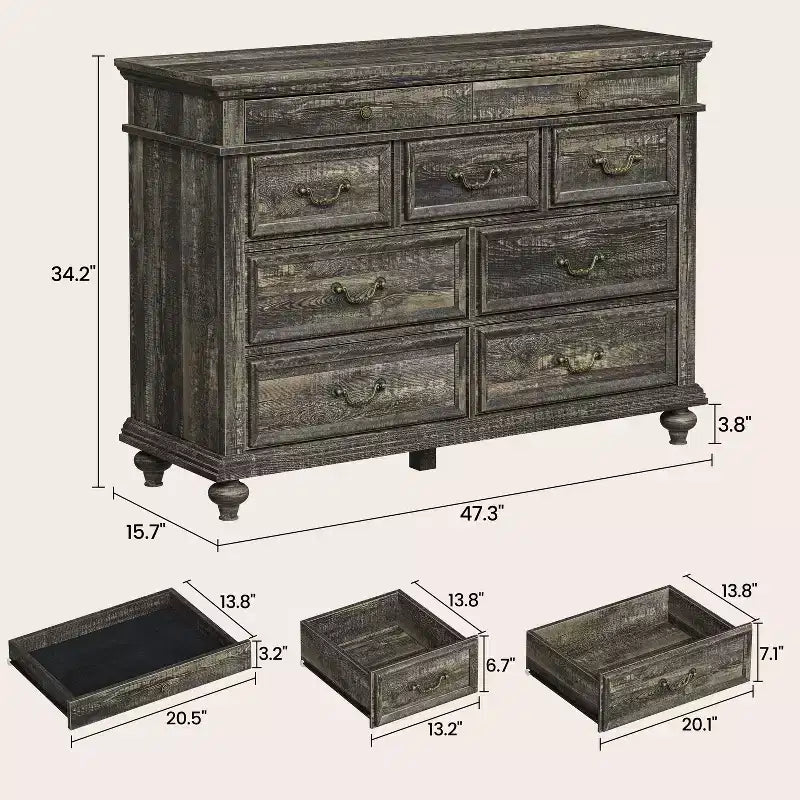47 Wide Farmhouse 9-Drawer Dresser, Rustic Wood Chest of Drawers for Bedroom & Living Room