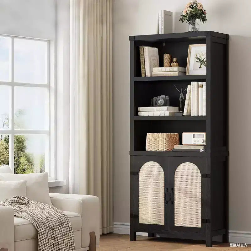 70-Inch Bookshelf with Rattan Door Cabinet, 3-Tier Open Shelves, Black
