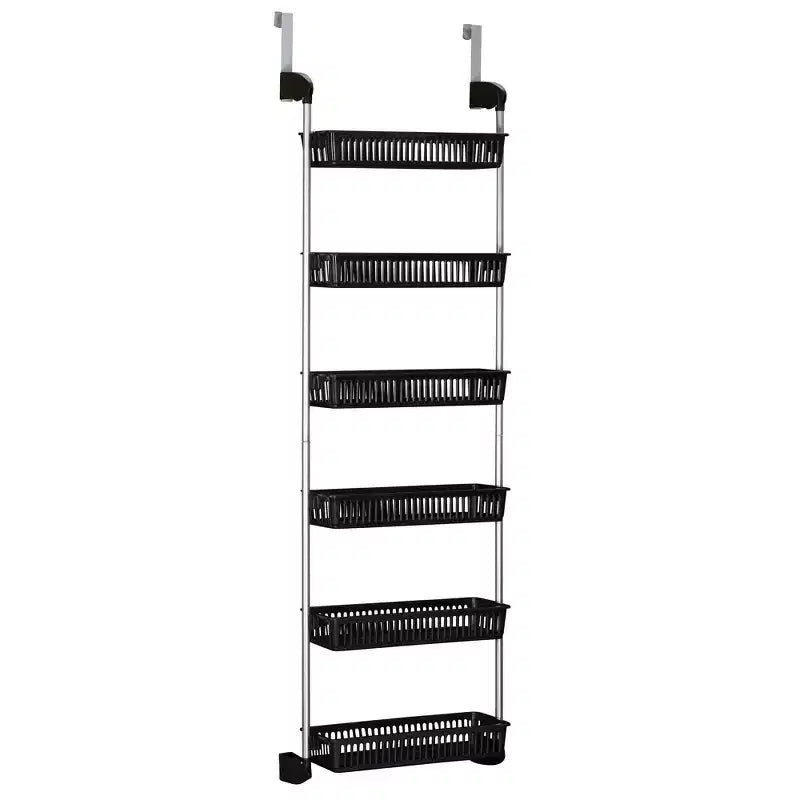 6-Basket Over-the-Door Storage Rack with Hooks, 11 lb Capacity, Black