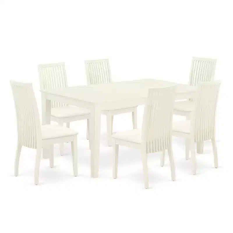 HomeStock 7-Piece Rectangle Linen White Finish Solid Wood Top Dining Table with 6 Chairs