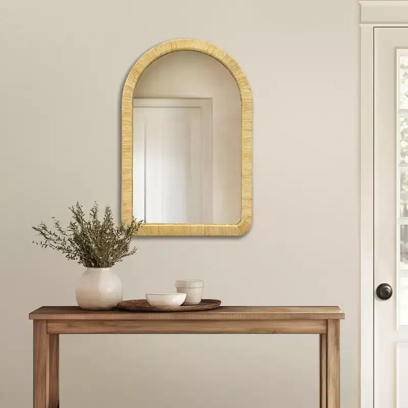 Okak Natural Rattan Design Decor Wall Mirror for Bedroom,Coffee Shop,Indoor Large Round/Arched Vanity Mirror