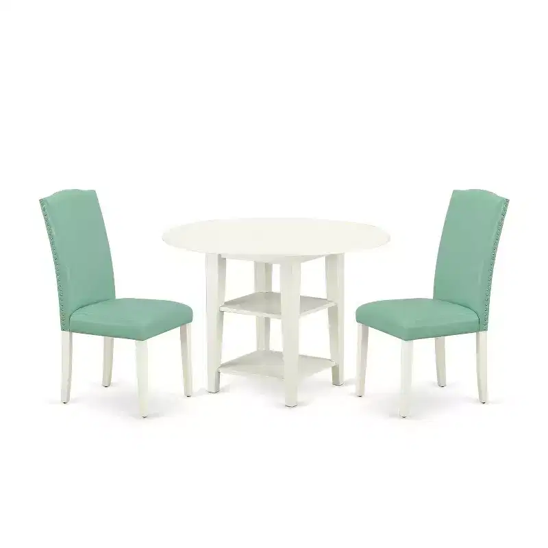 Vintage Dining Set 3Pc Table & 2 Chairs - 20x42 Table w/ Drop Leaves - Linen White Legs - PU Leather Seat