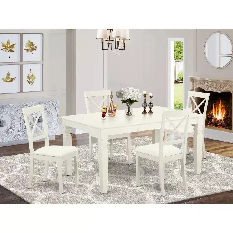 HomeStock Belmont 5 Pc Set With One Weston Table And 4 Faux Leather Seat Chairs, Linen White