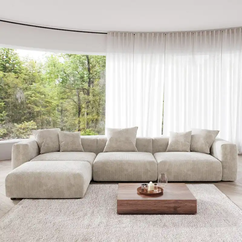 4-Piece L-Shape Sectional Sofa Corduroy Upholstered Couch with Ottoman