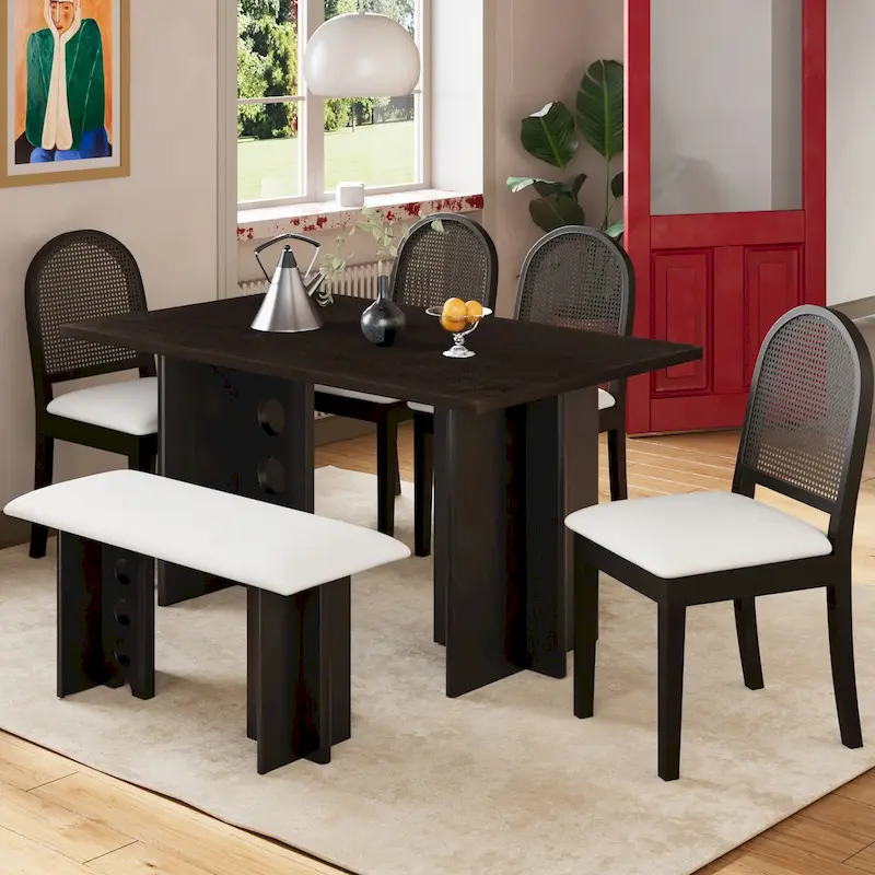 Modern Double Pedestal 6-Piece Dining Table Set with 4 Dining Chairs & 1 Bench