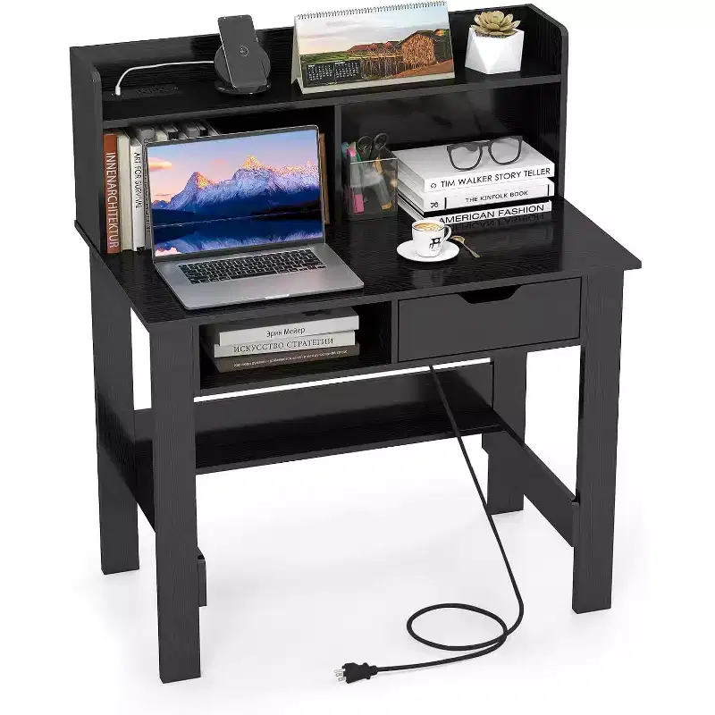 Costway Computer Desk with Power Outlets and USB Ports & Type-C Hutch Open Shelf Drawer Black/White