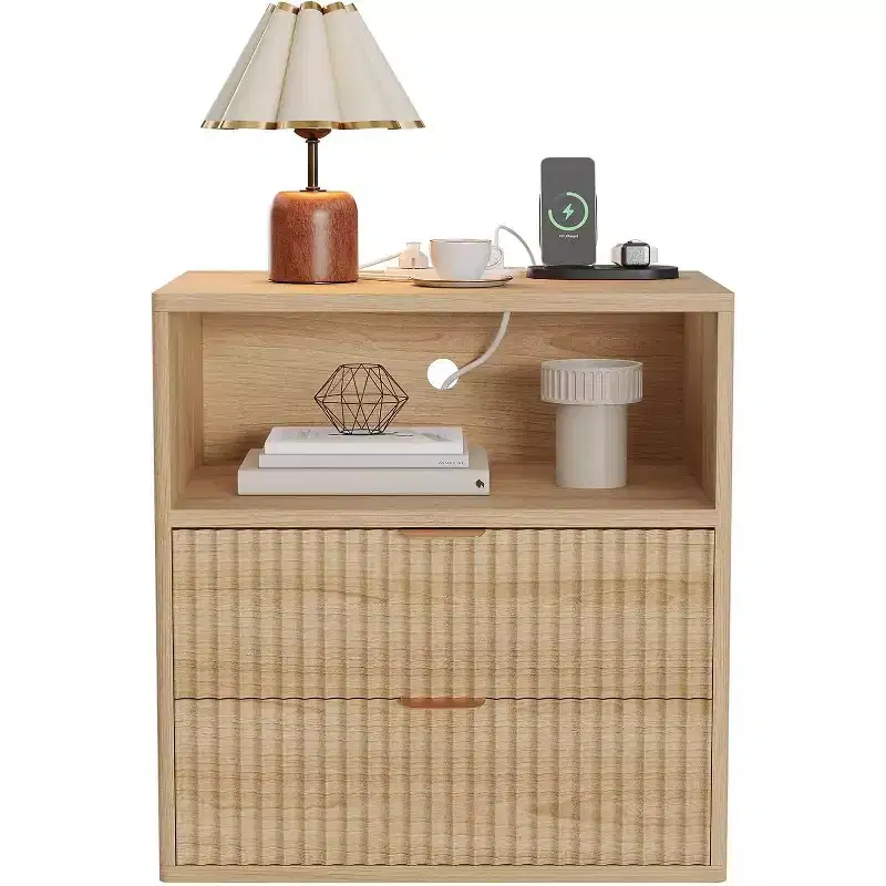 Fluted Farmhouse Nightstand with Charging Station, 23 Mid-Century End Table with 2 Drawers & Open Shelf