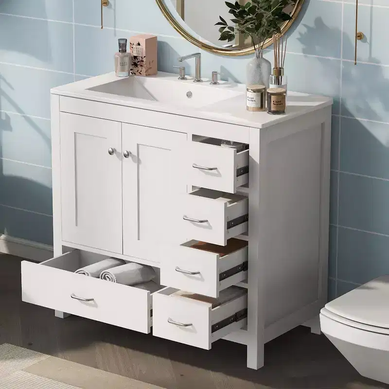 36 Inch Bathroom Vanity with Rectangular Sink, 5 Drawers & 2 Soft Close Doors, Solid Wood Frame Freestanding Cabinet