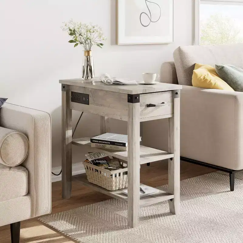 End Table with Charging Station, Flip Top Side Table with USB Ports and Outlets, Sofa Couch Table Bedside Table with Storage Shelves for Small Space