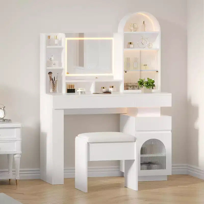 Makeup Vanity Desk with Mirror and Lights, Dressing Table with 3 Drawers and 11 Storage Shelves