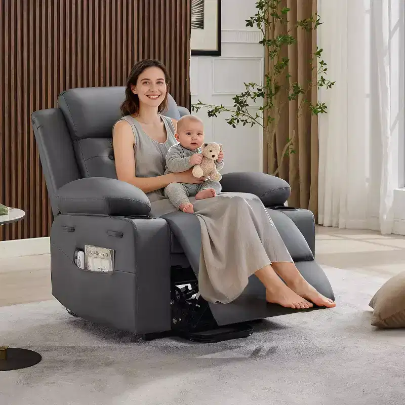 The Living Room PU Leather Lounge Chair is Equipped with Vibration massage and Waist Heating Functions, and Comes with Side Pockets and Cup Holders