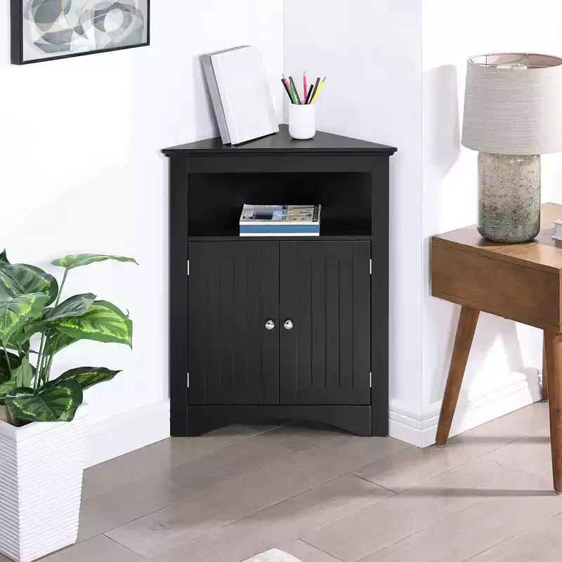 VIYET 32 Multifunctional Corner Cabinet - Black MDF, Freestanding, Doors & Adjustable Shelves