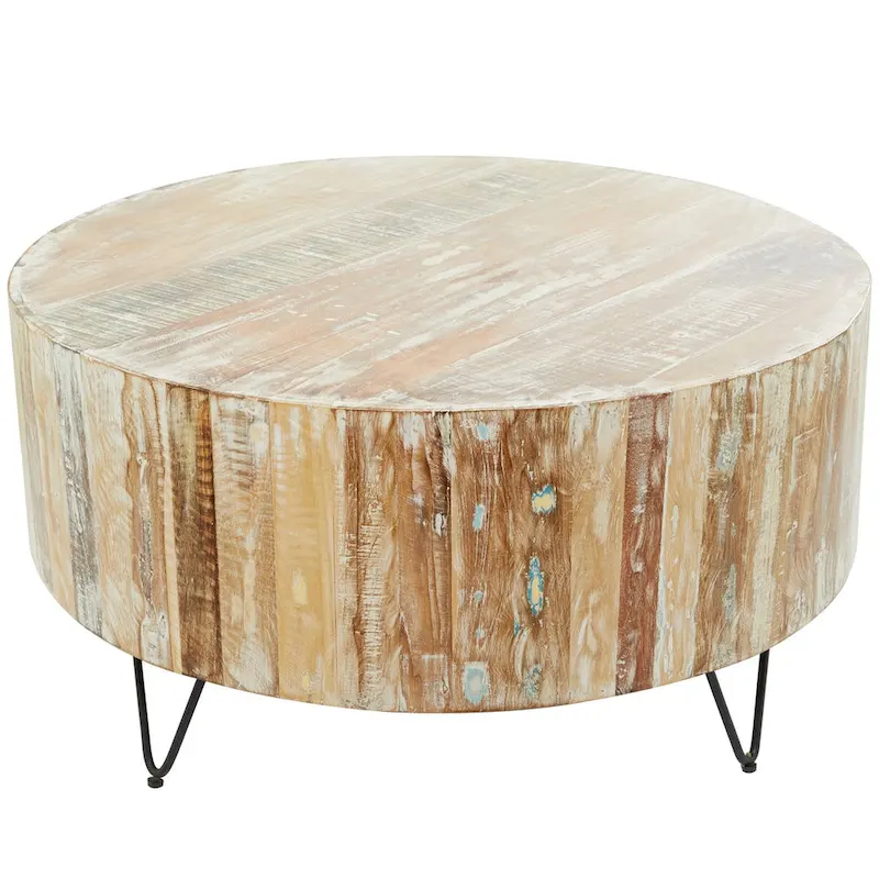 Mango Wood Handmade Distressed Coffee Table or Accent Table with Black Metal Hairpin Legs - Brown
