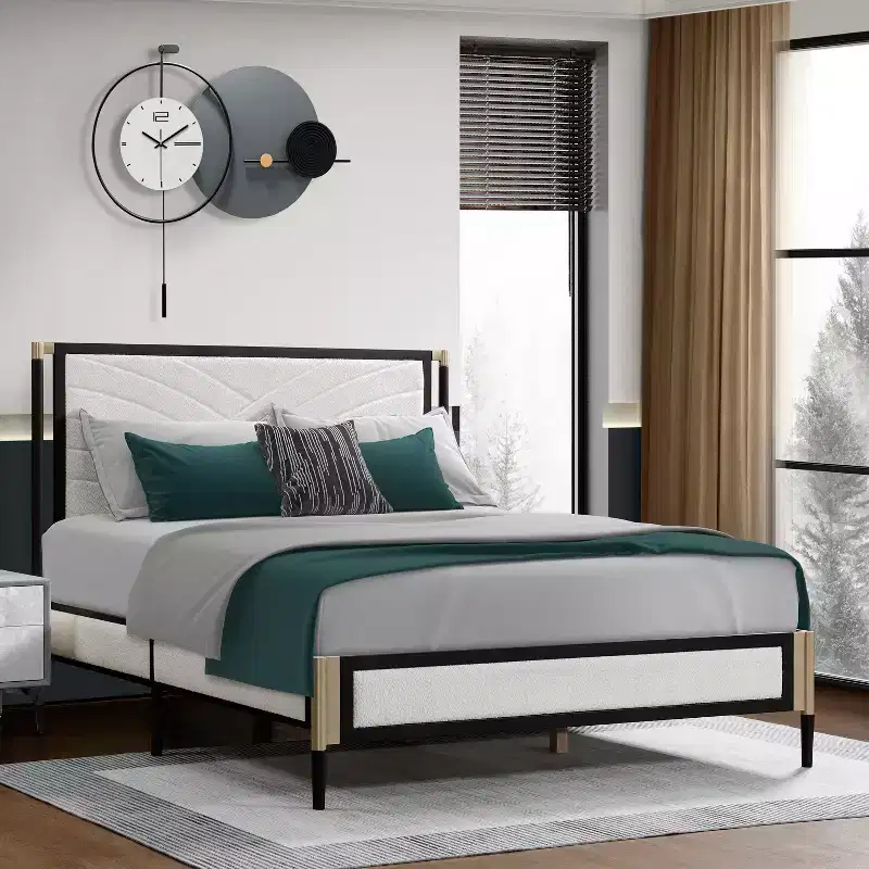 Full/Queen Size Platform Bed Frame with White Boucle Fabric Headboard and Champagne Silver+Black Frame-Christopher Knight Home