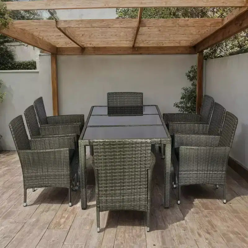 GDFStudio Jayu Modern 9 Piece Metal and PE Rattan Patio Dining Set with Cushion and Glass Tabletop