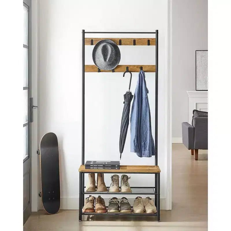 Hall Tree Entryway Coat Rack with Shoe Bench �C Rustic Walnut & Black