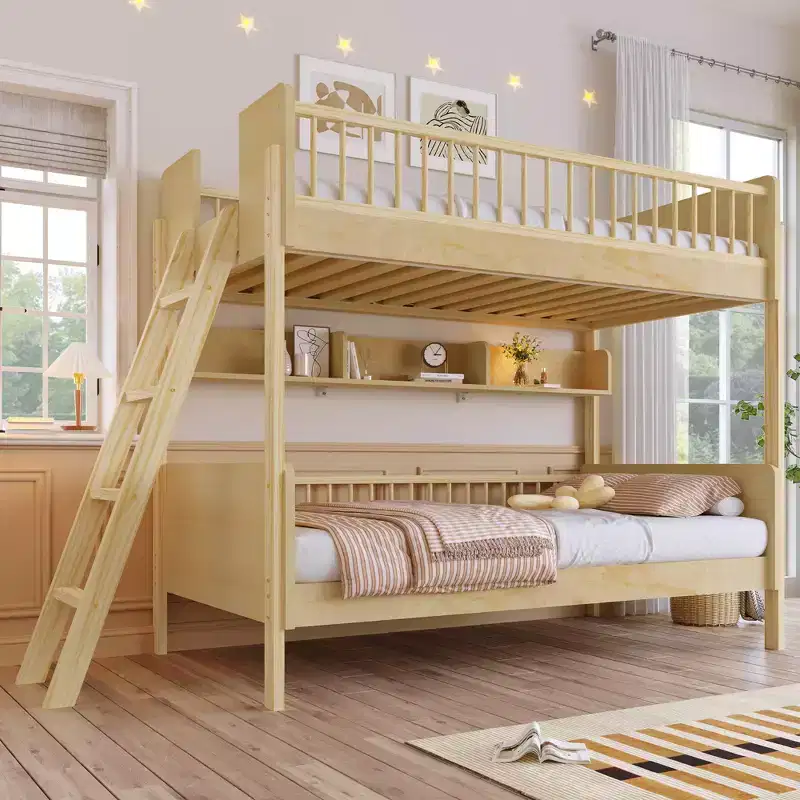 Twin Over Twin Size Bunk Bed with 3 Storage Shelves, Wooden Twin Bunk Bed Frame with Convertible Ladder and Security Fence
