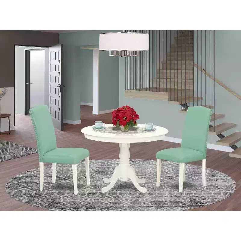 Round Dining Table Set 3pc - 42 Table & 2 Parsons Chairs - Modern PU Leather & Linen White Legs
