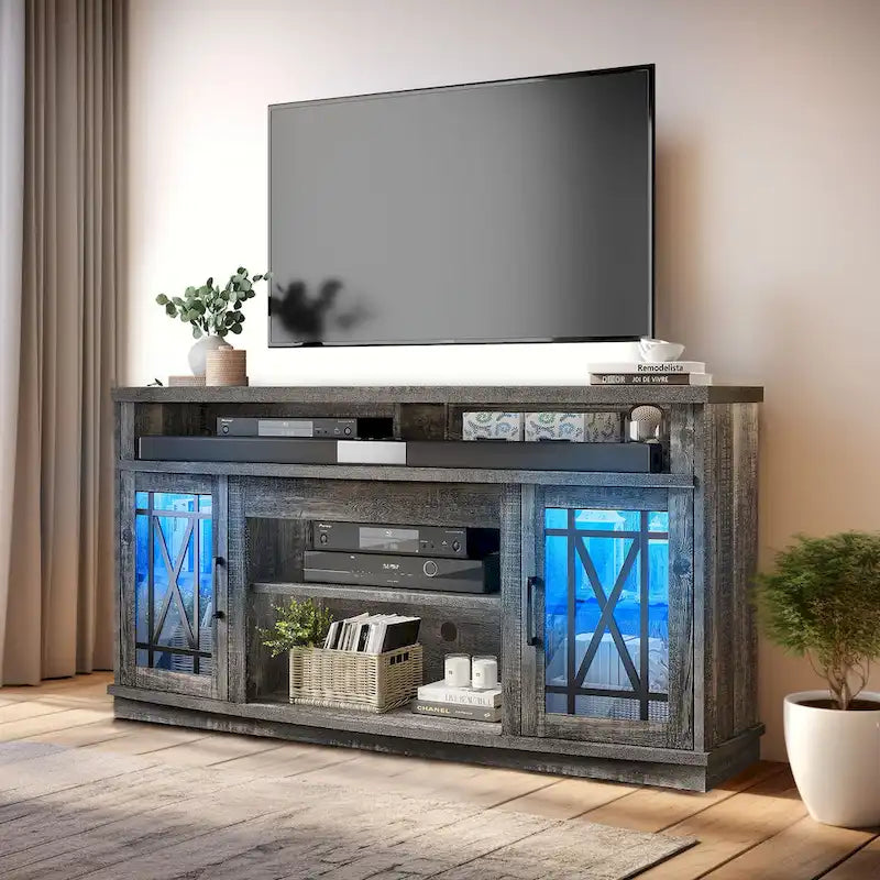 Moasis 59-inch Highboy 2-Door LED Lights TV Stand for TVs up to 70 Inches