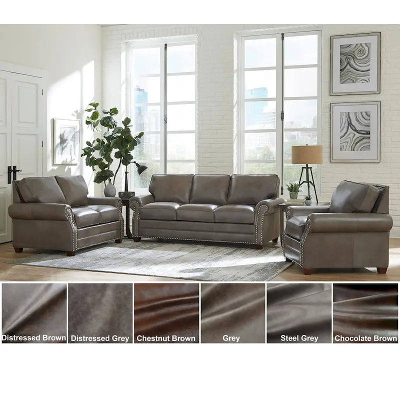 Made in USA Vernon Top Grain Leather Sofa, Loveseat and Chair Set