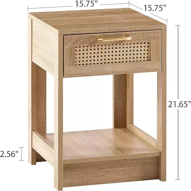 Rattan Nightstand with Lift-Top and Open Storage, Mid Century Modern End Table with Retro Handle for Bedroom and Living Room