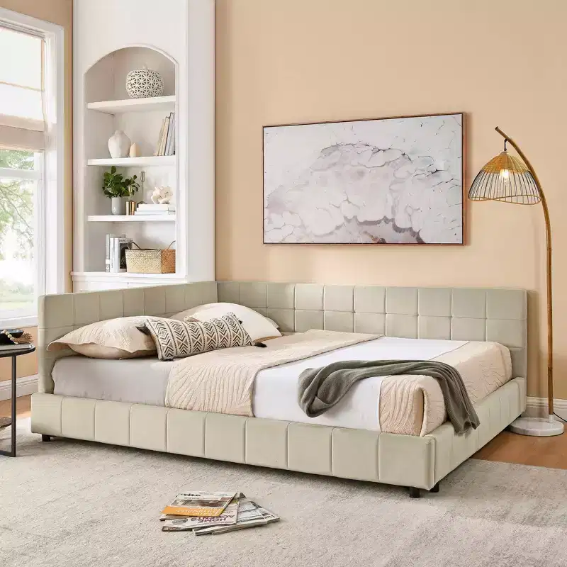 MAYEERTY Queen Size Upholstered Tufted Bed Frame with Backrest and Armrests Velvet for Bedroom Beige