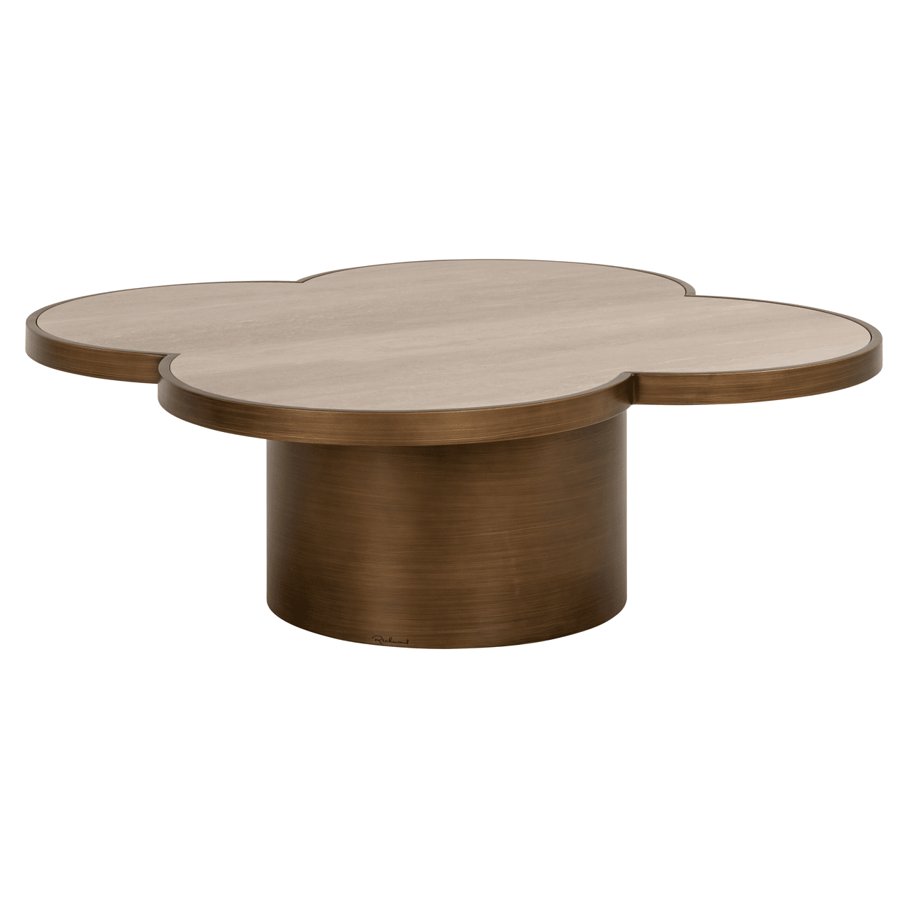 Large Brushed Brass Clover Coffee Table with Travertine Top