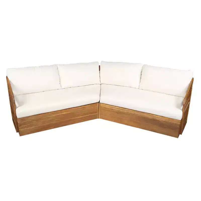 Whisen Outdoor Acacia Wood Patio Sofa Setctional Set with Plush Seats and Back Cushions - Beige