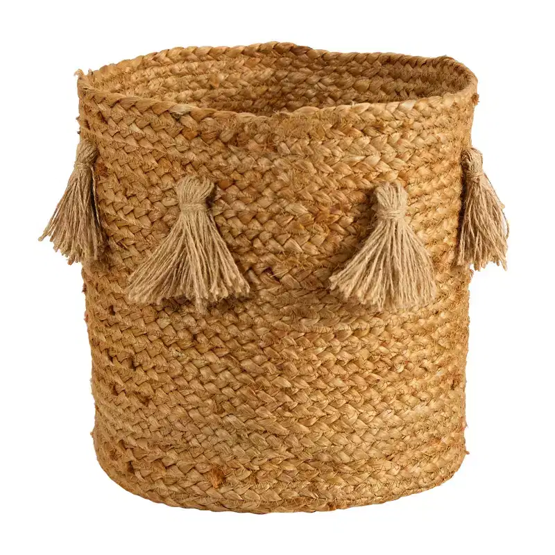 Nearly Natural 12.5-in Boho Chic Natural Hand-Woven Jute Basket Planter with Tassels