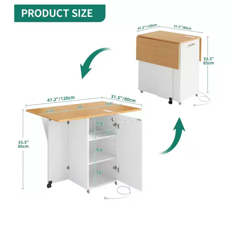 Rolling Kitchen Island Cart With Power Outlets & Folding Drop Leaf Breakfast Bar Portable Trolley Island With Large Storage Cabinet & Trash Can