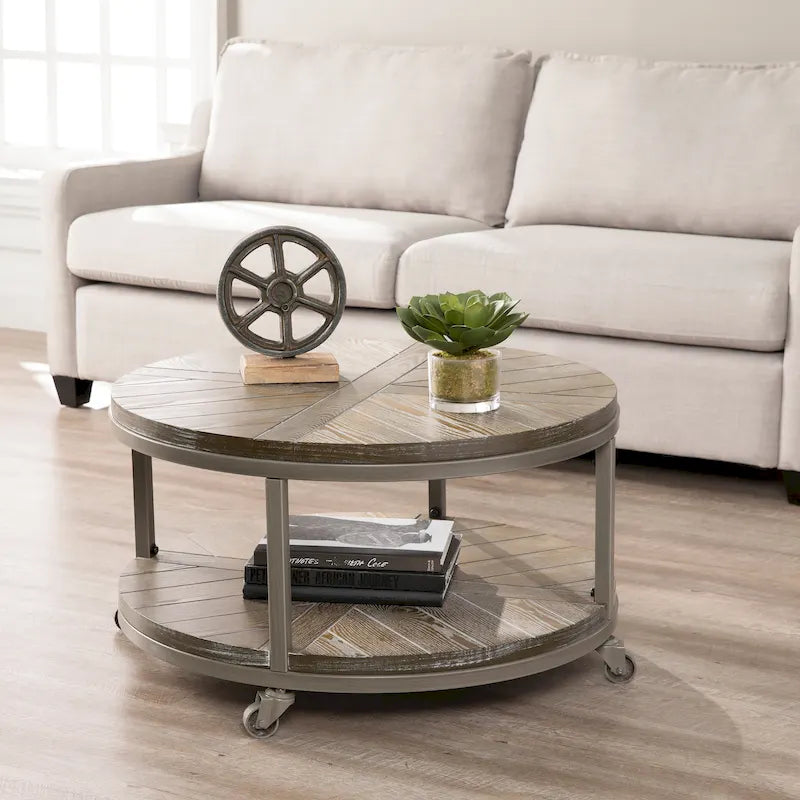 SEI Furniture Kenya Industrial Rustic Round Wood Coffee Table with Shelf