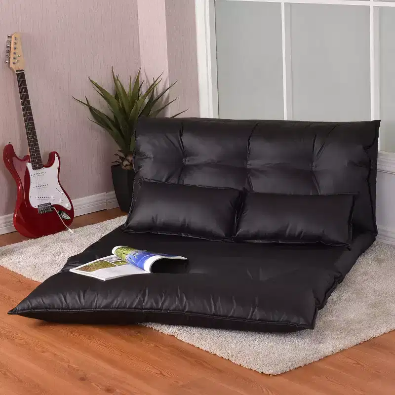 Costway PU Leather Foldable Modern Leisure Floor Sofa Bed Video Gaming 2 Pillows Black