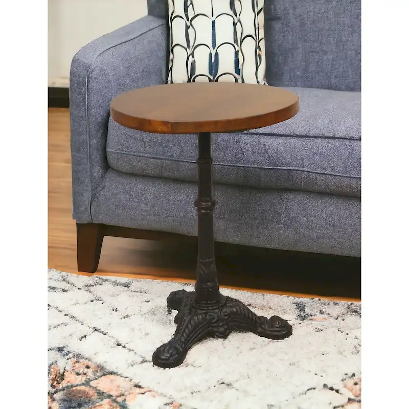 28 Black And Wood Brown Solid Wood And Iron Round End Table - 28