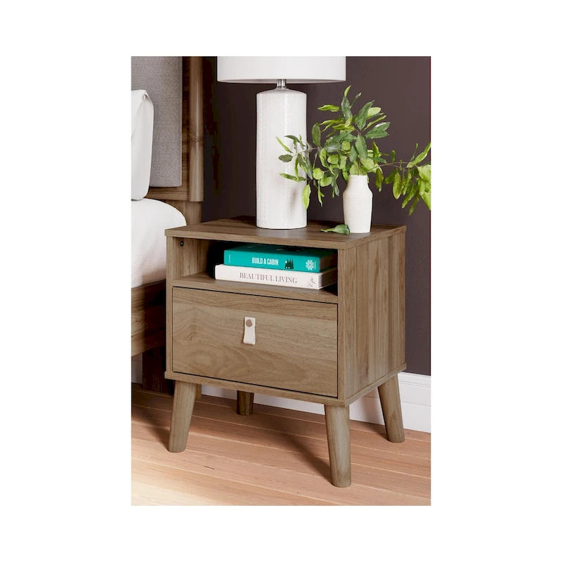Nightstand – Honey / White, Replicated Wood Grain, Faux Leather Drawer Pull, Splay Legs, Contemporary Style