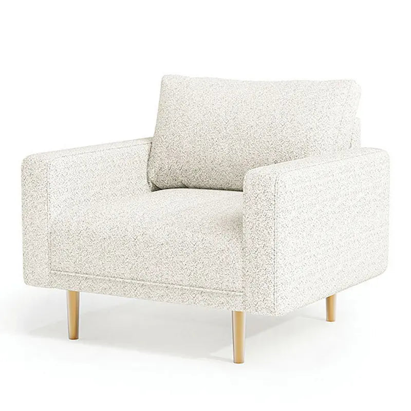Off White Boucle Bench Seat Accent Chair with Track Arms and Brown Wood Legs for 1 Person