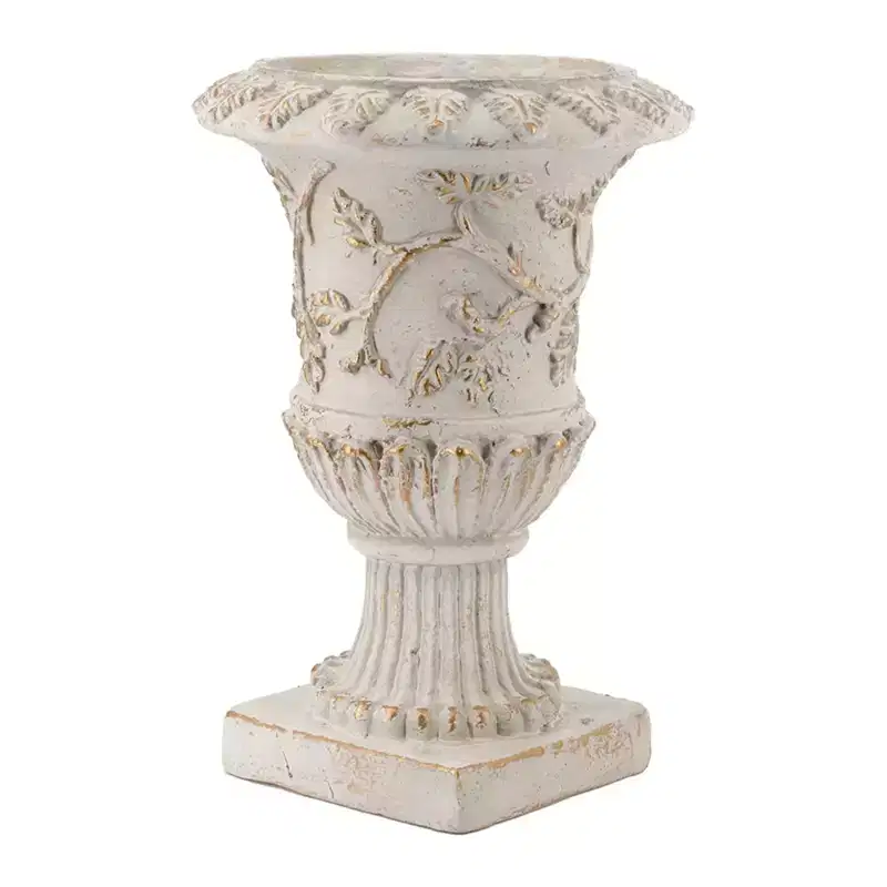 NAYSAYE Ornate Magnesium Urn Planter with Distressed Finish and Carved Details for Home Garden Decor, White Gold, 14*14*20.3