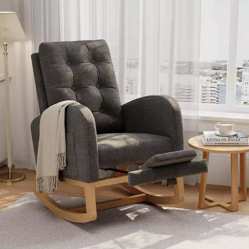 Modern Nursery Rocking Chair, Upholstered Glider Rocker with Side Pocket & Wooden Legs, Comfy Rocker Armchair for Living Room, Bedroom