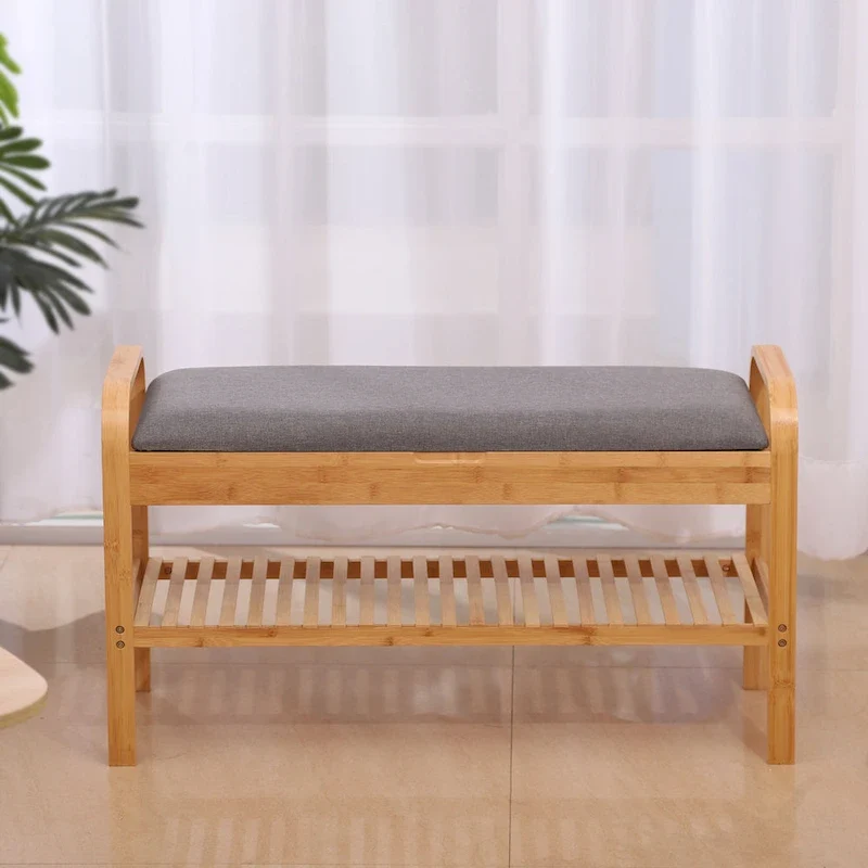 Natural Bamboo Shoe Bench with Cushion, 2-Seat