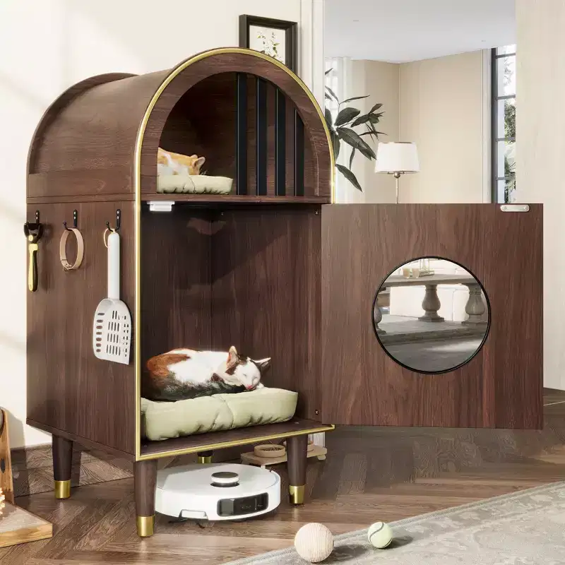JVNOXK Cat Litter Box Enclosure, 2-in-1 Cat Apartment Bed, Double-Deck Comfort Cat Furniture, Accommodates Two Cats, Espresso Brown