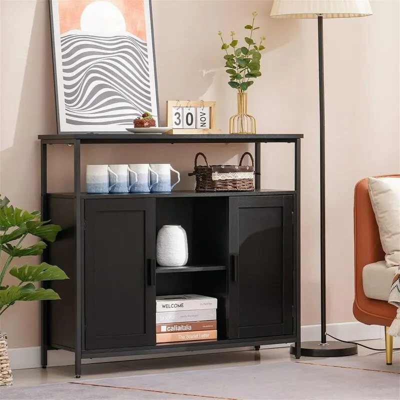 Floor Storage Cabinet with 2 Louvered Doors and Adjustable Shelves