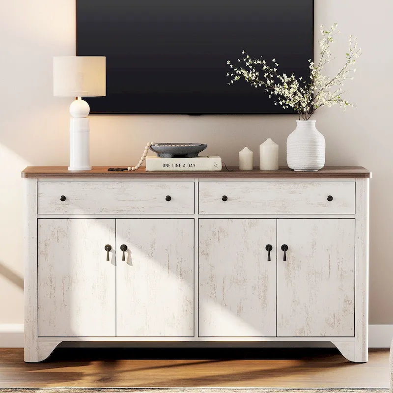 59 Farmhouse TV Stand for 65 inch TV, Wood Entertainment Center with 2 Drawers and Storage Cabinets, Adjustable Shelves