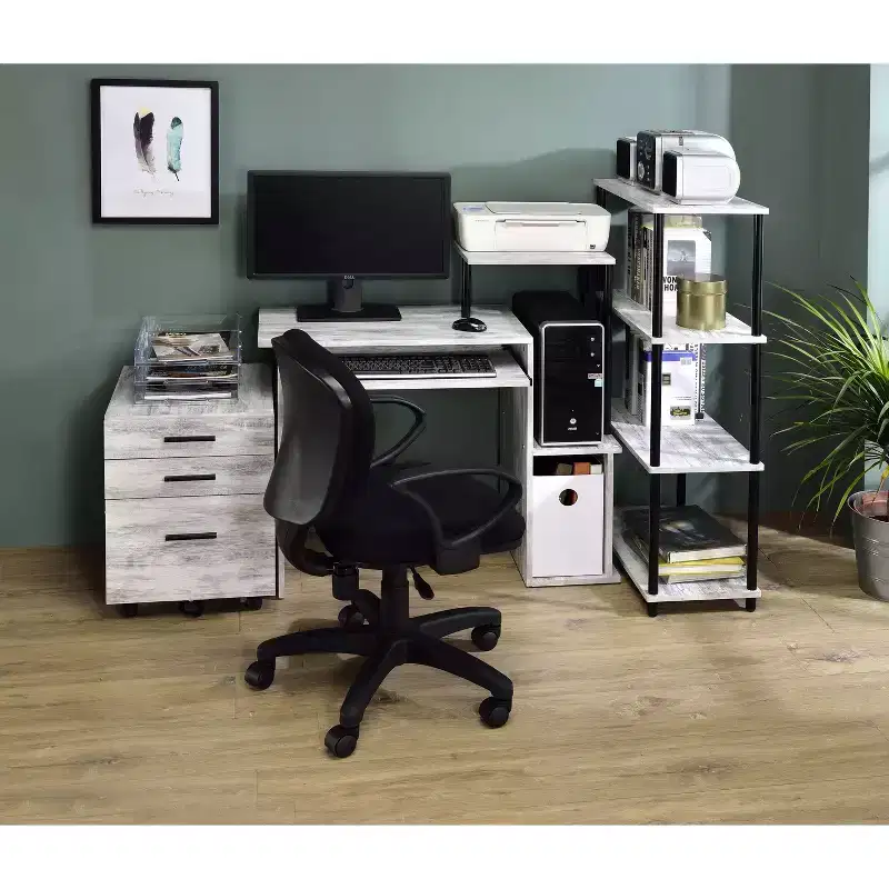 TUYOHW Weathered Oak Finish Computer Desk,Writing Desk with Keyboard Tray,Storage Compartment & Shelf,Metal Frame,Office Desk for Small Spaces